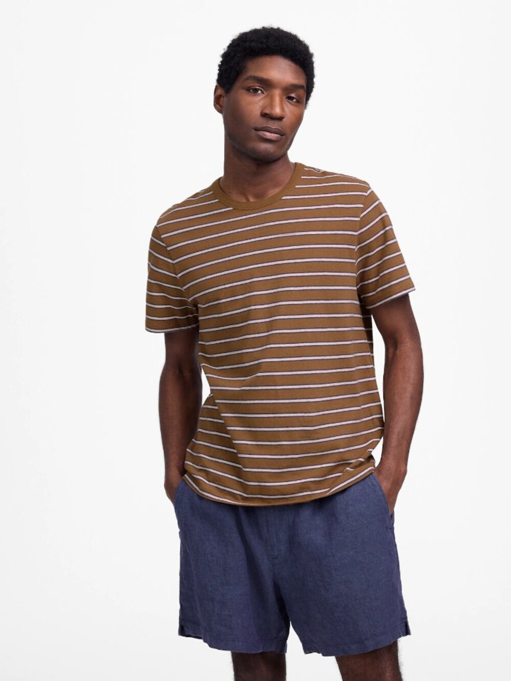 Madewell Allday Cotton Linen Striped T-Shirt, Men's Large, Brown / White - Picture 2 of 4